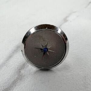 Vintage Silver Tone Blue Rhinestone Round Single Cufflink